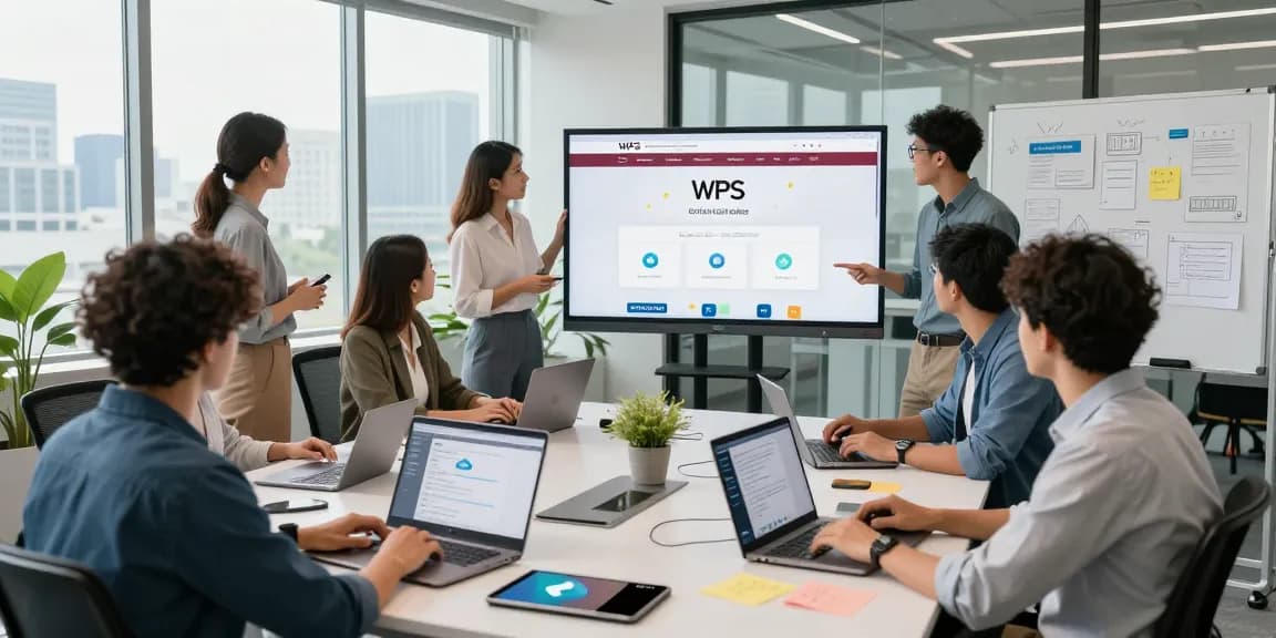 A dynamic office collaboration scene featuring the WPS Official Website interface on screen, showcasing teamwork and technology.