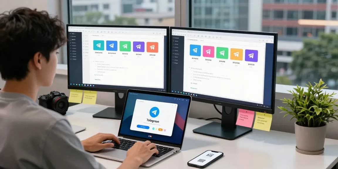 Customize Telegram Chinese settings in a modern workspace with tech-savvy elements and vibrant atmosphere.