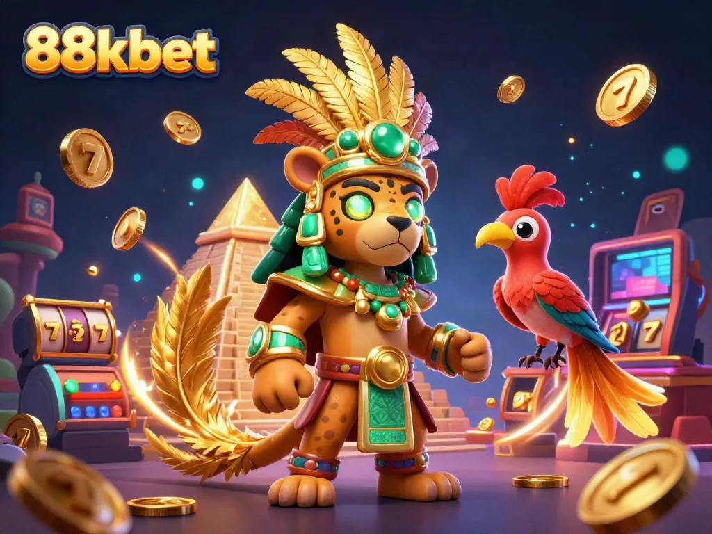 Experience the thrilling world of online gambling with 88kbet's vibrant scene showcasing a Mayan priest and slot elements.