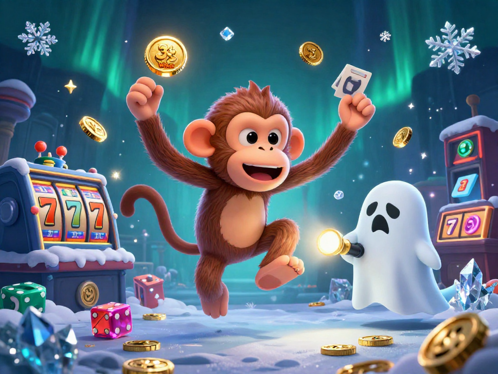 Join the adventure at 33win with a playful poltergeist monkey and a ghost-hunter puppy in a thrilling casino scene.