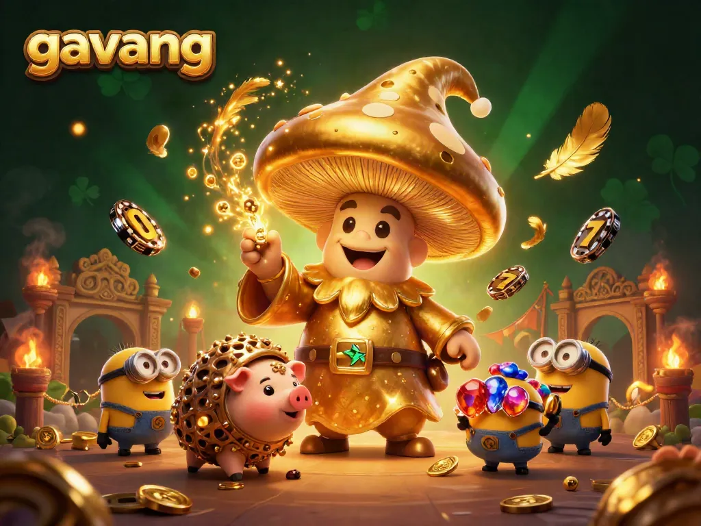 Engage with the enchanting world of gavang as a golden mushroom wizard channels magical riches in a vibrant casino scene.