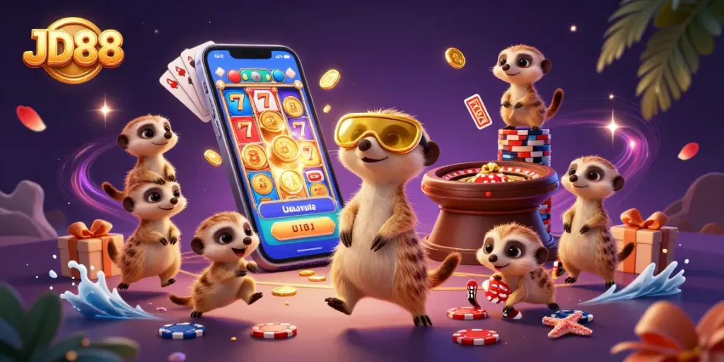 JD88 meerkats running a vibrant casino with slot games and gold coins in dynamic 3D illustration