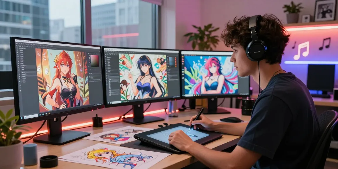 Artist creating AI hentai in a vibrant digital studio with colorful art displays.