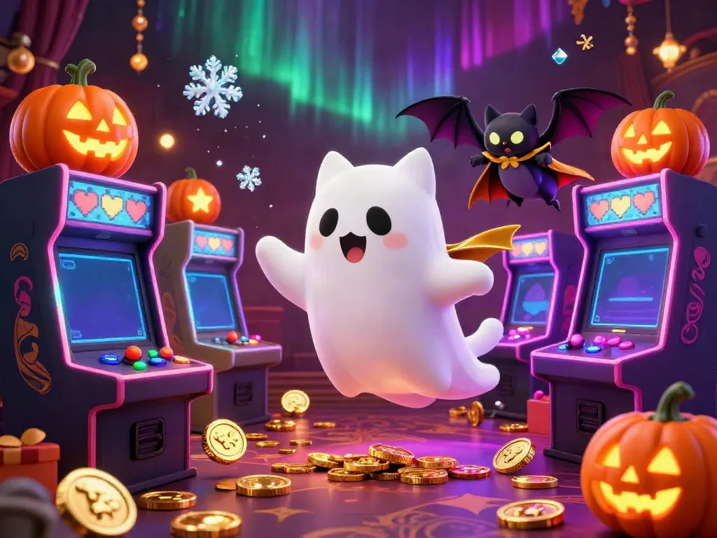 Xoilactv showcases a ghost cat and bat in a bustling casino filled with arcade games and vibrant colors.