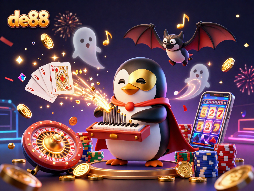 Experience the thrill of de88 as golden coins and cards cascade in a vibrant casino scene.