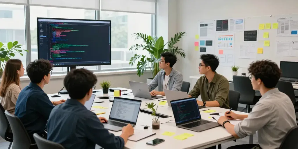 Innovative gg soft development teamwork in a bright design studio.
