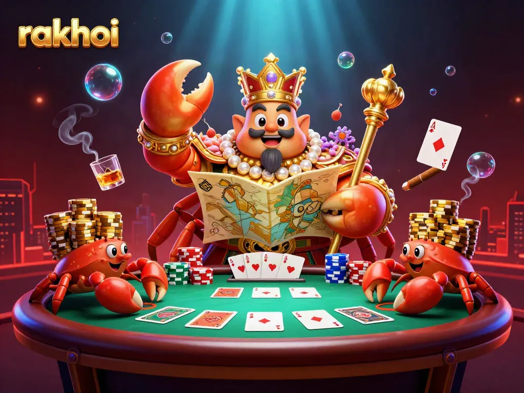 Experience the excitement of rakhoi with a golden crab emperor presiding over a vibrant poker scene.
