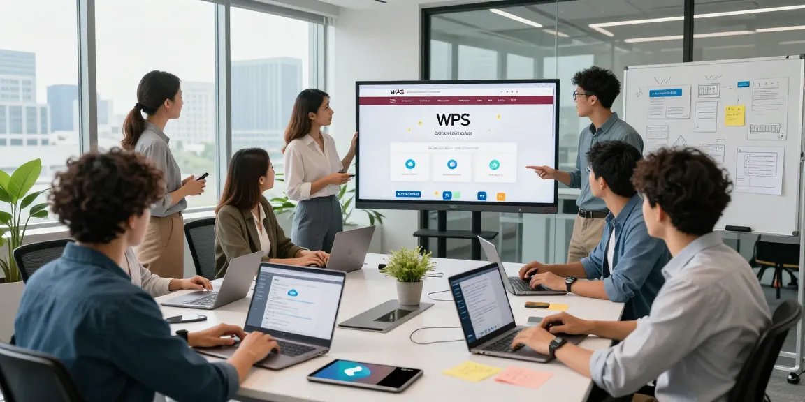 A dynamic office collaboration scene featuring the WPS Official Website interface on screen, showcasing teamwork and technology.