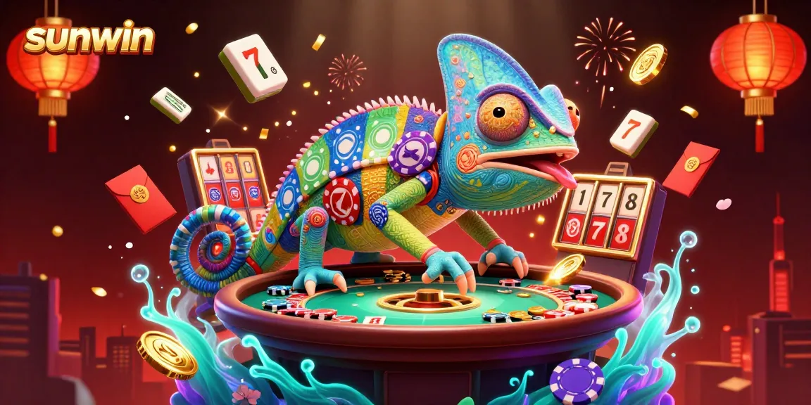Win big at Sunwin with the chameleon casino owner snatching golden coins amidst vibrant gaming elements.