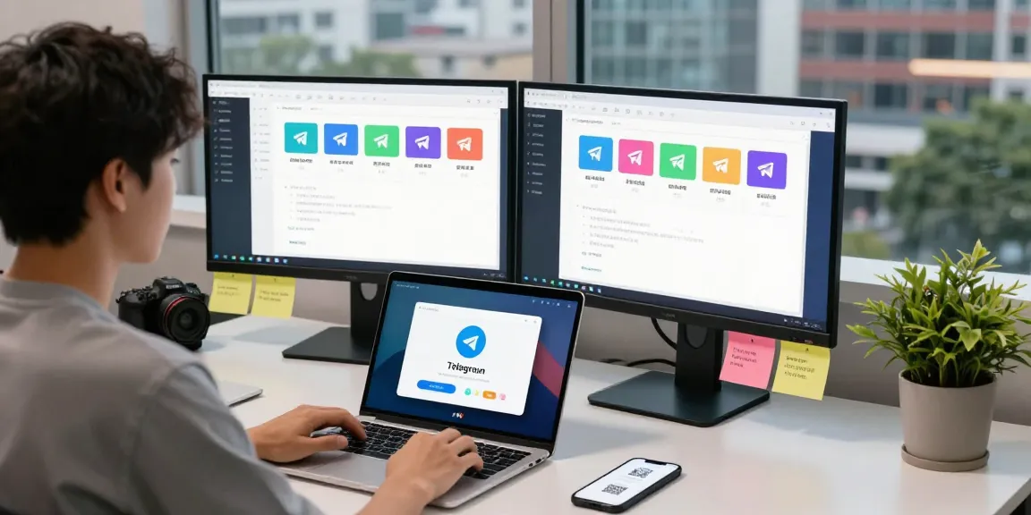 Customize Telegram Chinese settings in a modern workspace with tech-savvy elements and vibrant atmosphere.