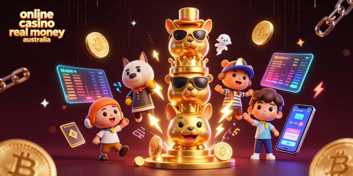 Engage in online casino real money Australia with a vibrant 3D totem pole surrounded by crypto elements.