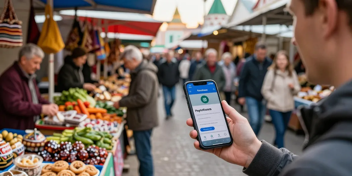 Explorador utilizando https://payinrussia.com/ para pagos en un animado mercado local en Rusia, rodeado de artesanías y tradiciones.