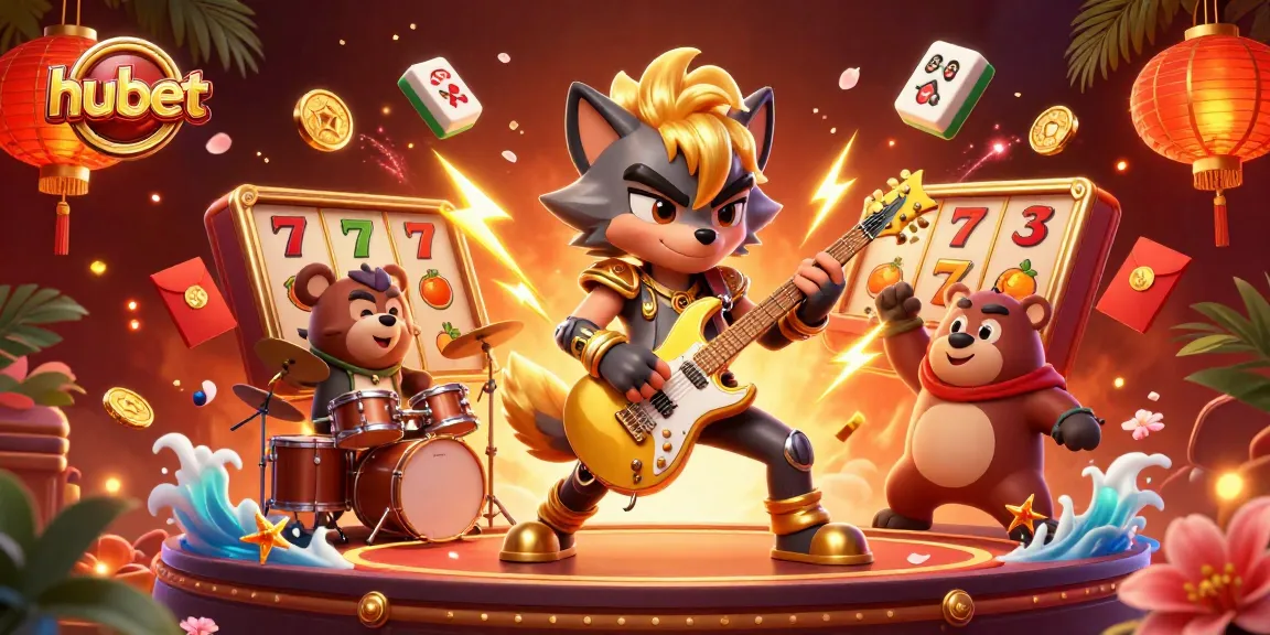 hubet showcases a rock star wolf on stage with vibrant casino elements, amplifying excitement