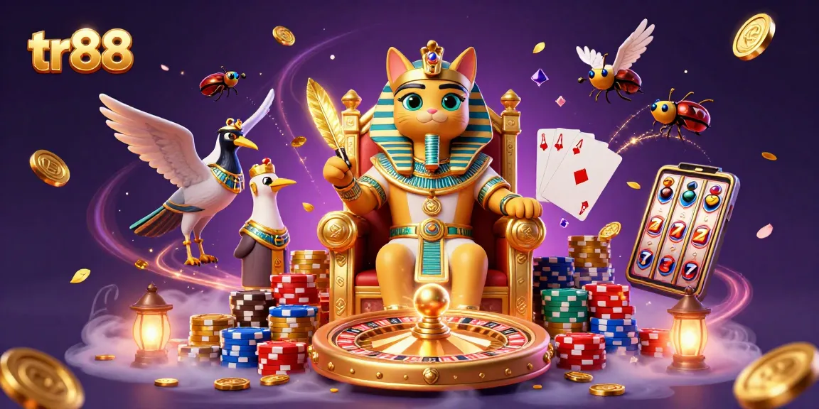 Experience thrilling gaming at tr88 with a vibrant 3D casino scene featuring a royal pharaoh cat.
