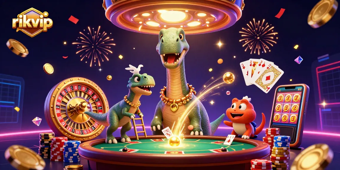 Experience thrilling wins at rikvip with a vibrant 3D casino scene filled with exciting game elements.